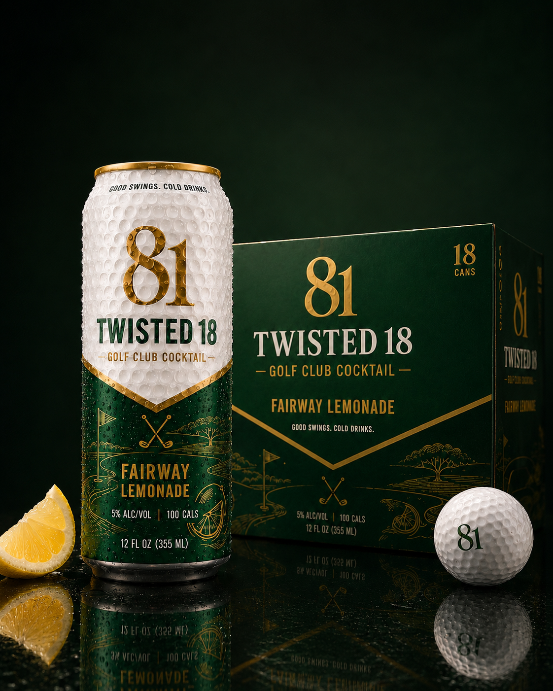 Twisted 18 Fairway Lemonade can and 18-pack box with lemons and branded golf ball